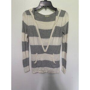 Old Navy Sweater White Gray Stripe Deep V Hood Womans XS